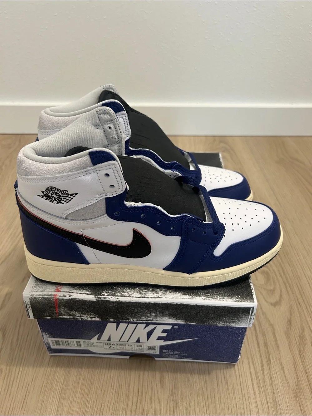 BTS Nike Rare Air Jordan 1 white/blue/red size 7Youth/8.5Women